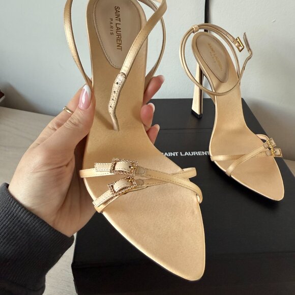 NWB Saint Laurent Lila Sandals Beige Satin Ankle Strap High Heels Sz 39 - Picture 6 of 15